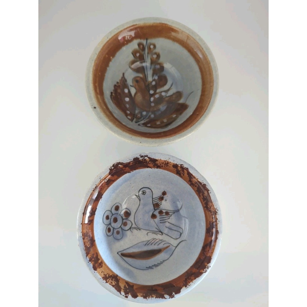 Tonala Mexican Pottery Signed Blue Brown Bird Bowls Set of 2 Handmade Ceramic